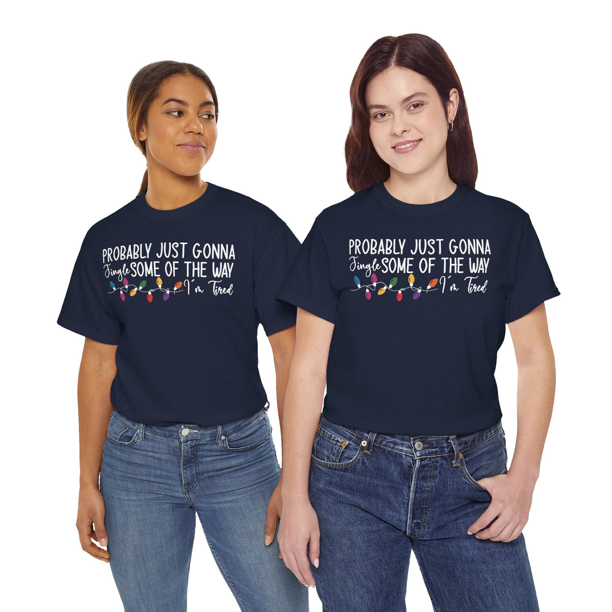 Two women wearing the Navy Jingle Some Of The Way Funny Christmas T-Shirt