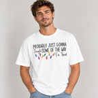Man wearing the White Jingle Some Of The Way Funny Christmas T-Shirt with jeans
