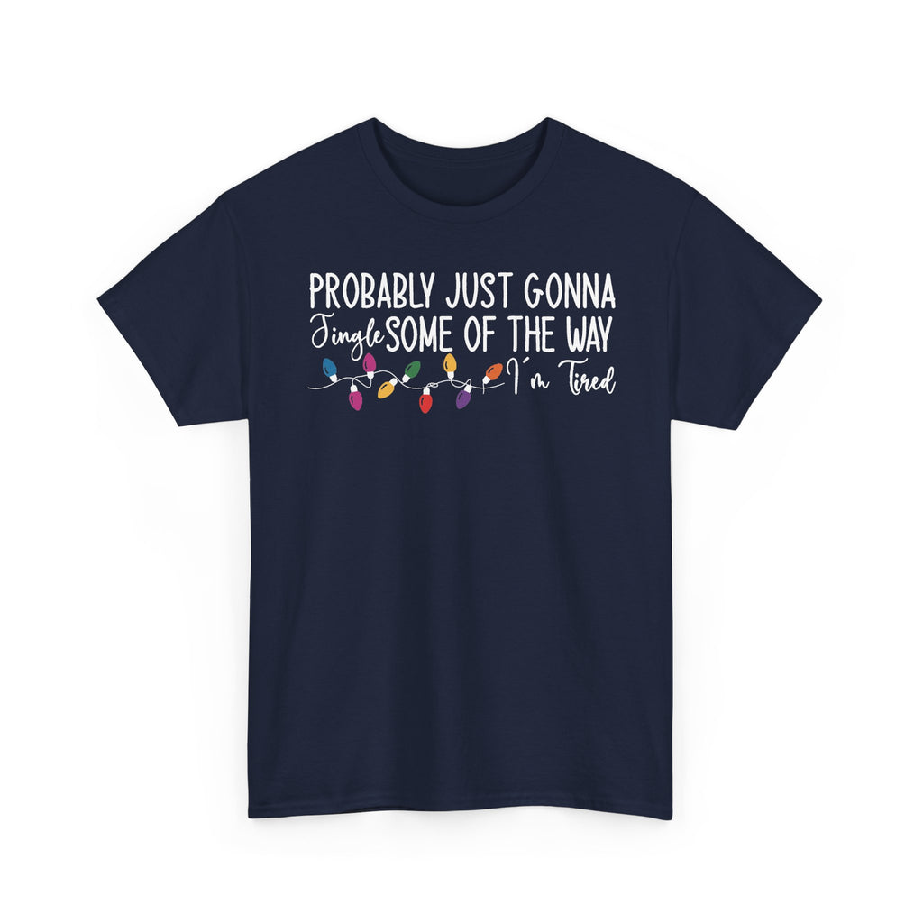 Navy Jingle Some Of The Way t-shirt with Christmas lights and a tired holiday slogan, front view