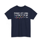 Navy Jingle Some Of The Way t-shirt with Christmas lights and a tired holiday slogan, front view
