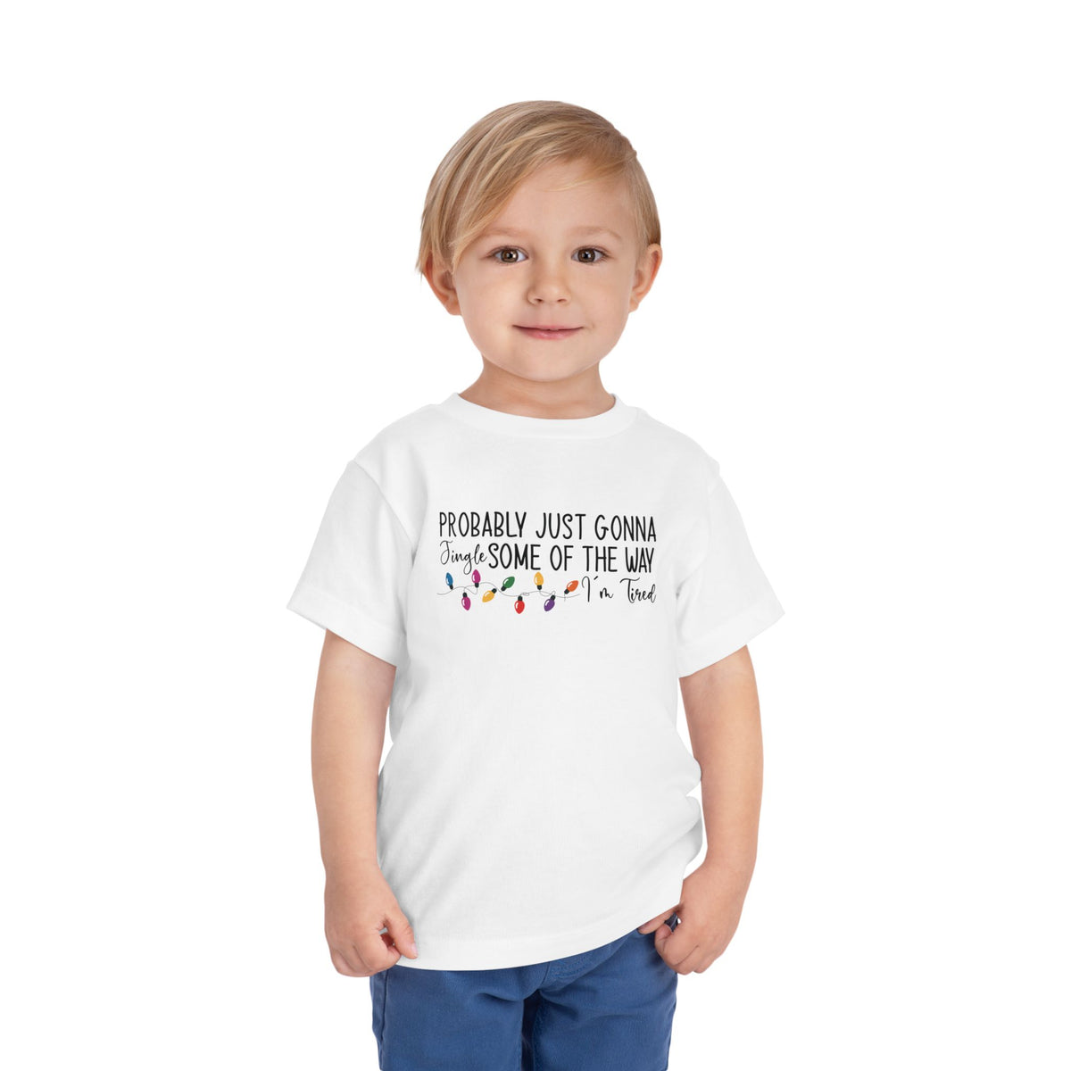 Boy wearing the White Jingle Some Of The Way Funny Christmas Toddler T-Shirt