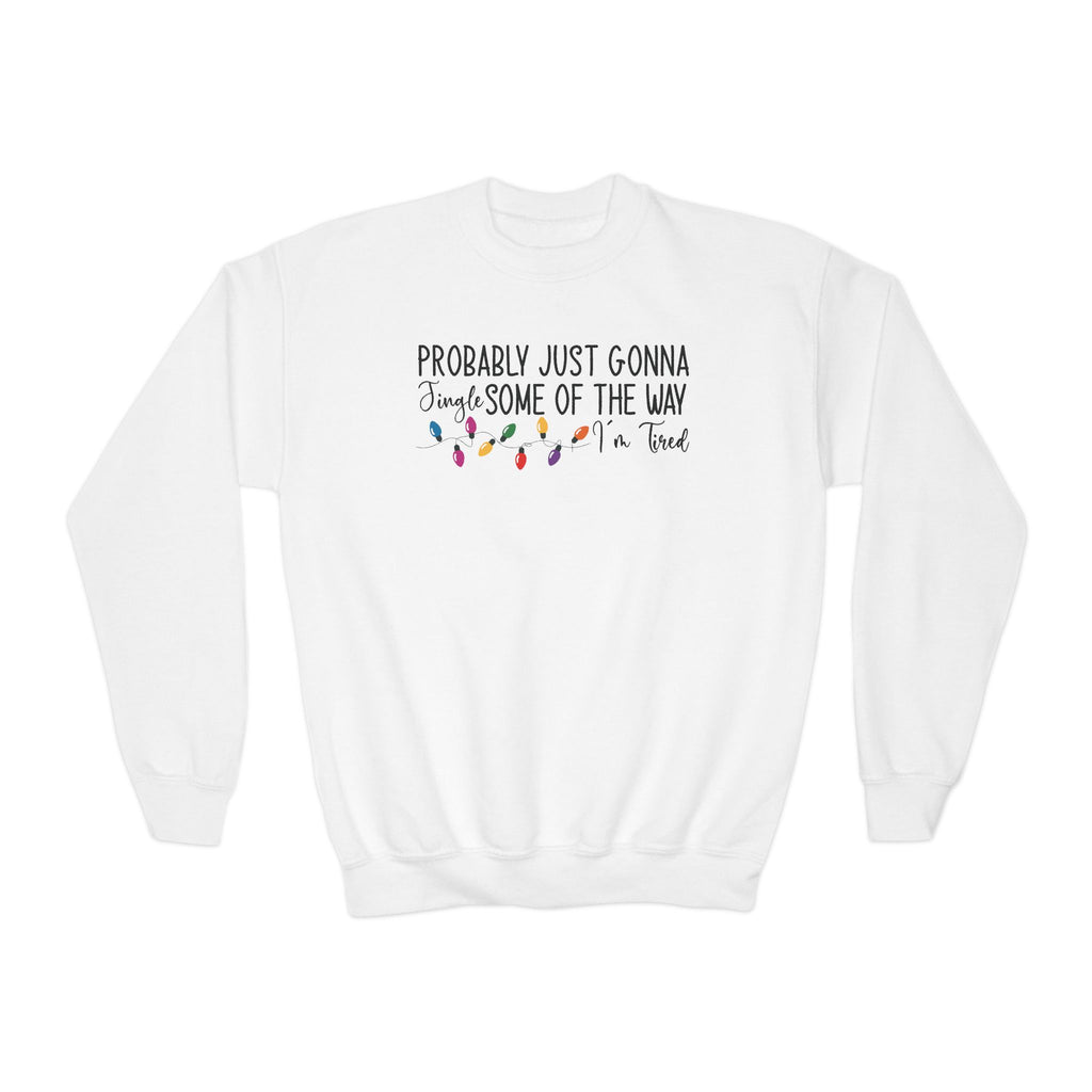 White Jingle Some Of The Way youth sweatshirt with Christmas lights and a tired holiday slogan, front view
