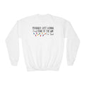 White Jingle Some Of The Way youth sweatshirt with Christmas lights and a tired holiday slogan, front view