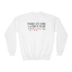 White Jingle Some Of The Way youth sweatshirt with Christmas lights and a tired holiday slogan, front view