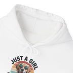 Just a Girl Who Loves Golden Retrievers retro sunset hoodie, hood and print detail