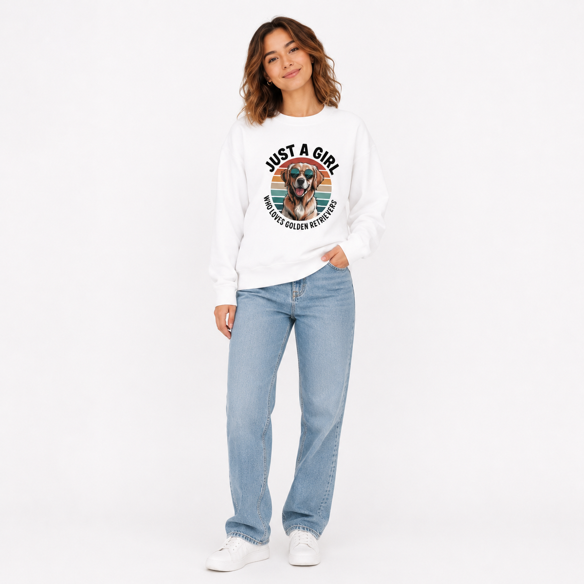 Just a girl who loves golden retrievers sweatshirt, retro sunset golden retriever print artwork