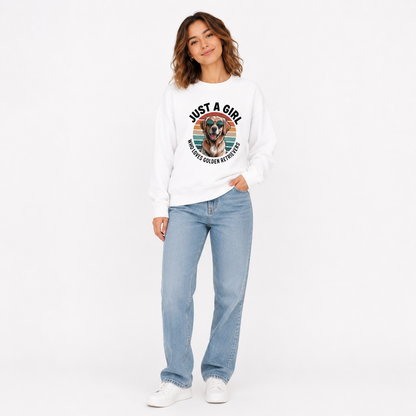 Just a girl who loves golden retrievers sweatshirt, retro sunset golden retriever print artwork