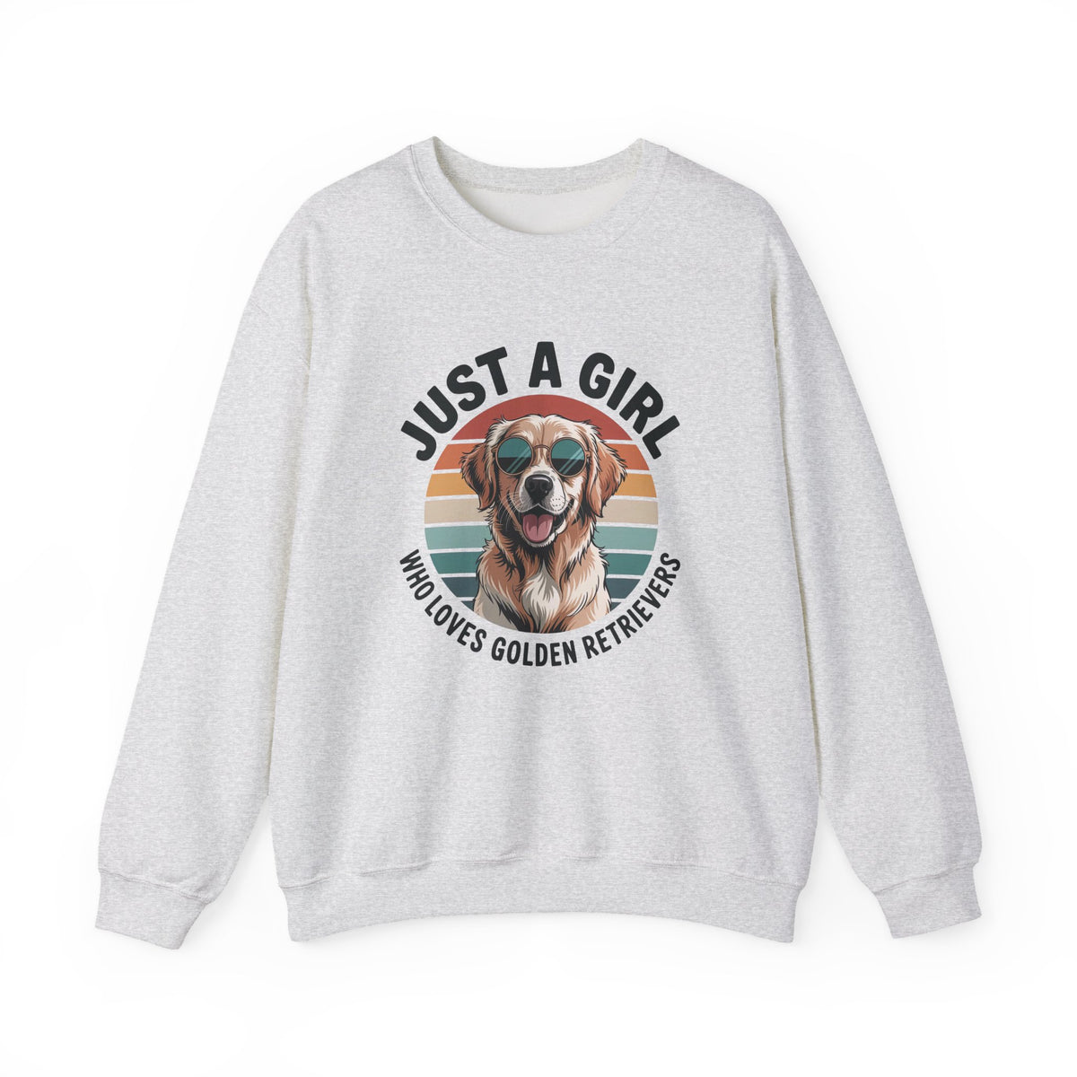 Ash grey golden retriever sweatshirt with retro sunset print and dog in sunglasses