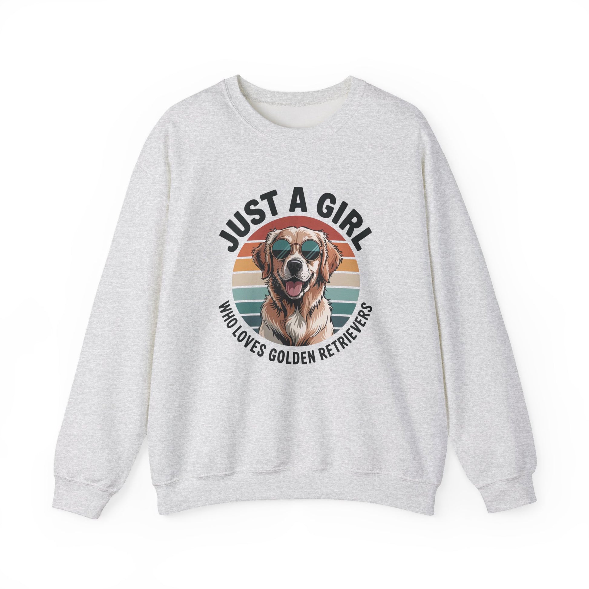 Ash grey golden retriever sweatshirt with retro sunset print and dog in sunglasses