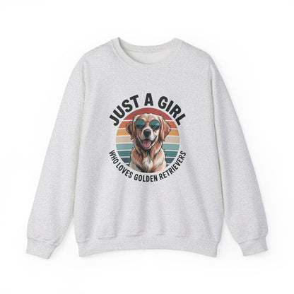 Ash grey golden retriever sweatshirt with retro sunset print and dog in sunglasses