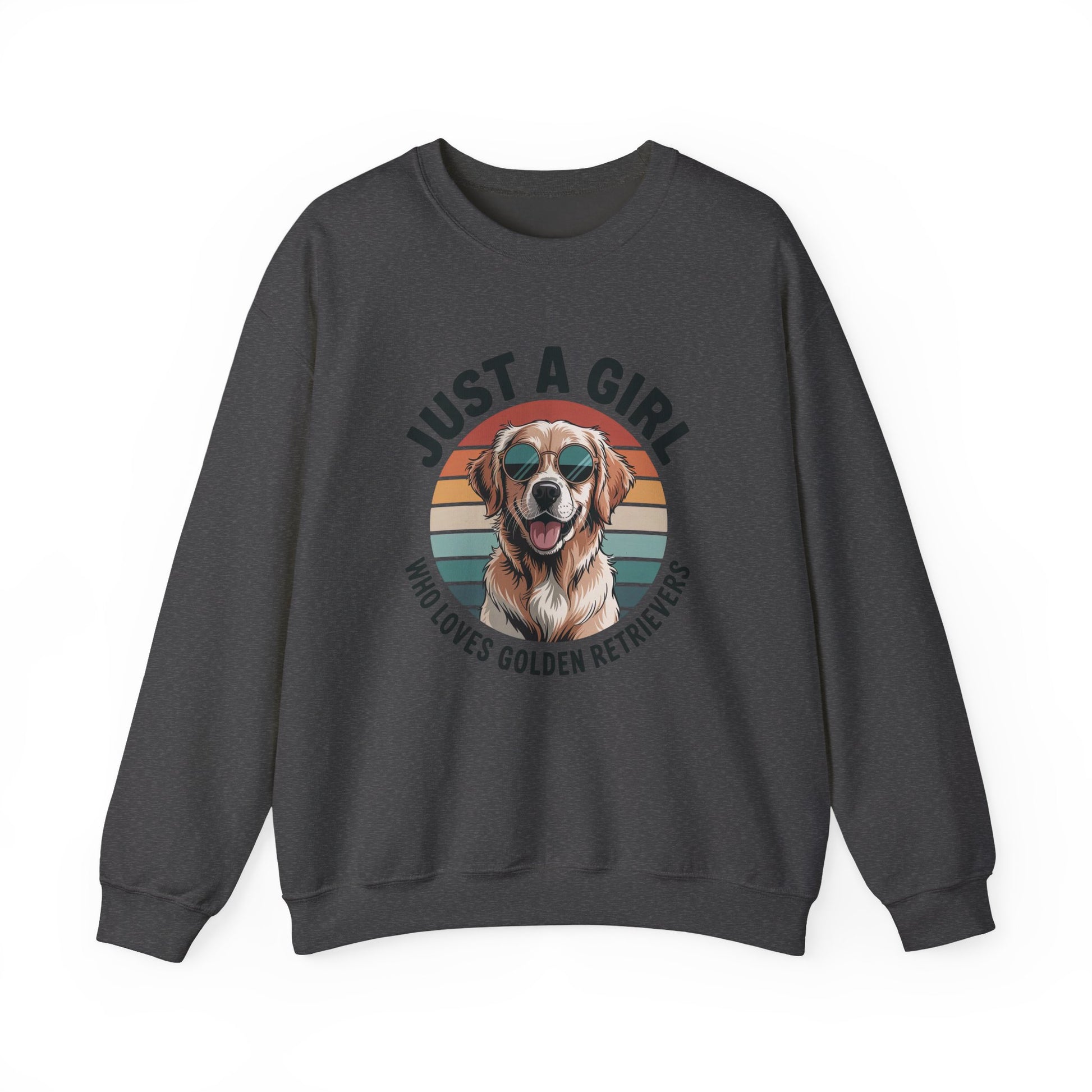 Dark heather golden retriever sweatshirt with retro sunset print and dog in sunglasses