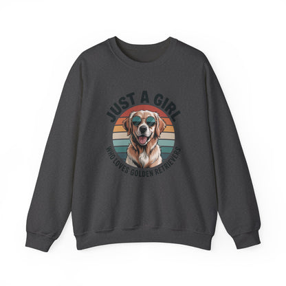 Dark heather golden retriever sweatshirt with retro sunset print and dog in sunglasses