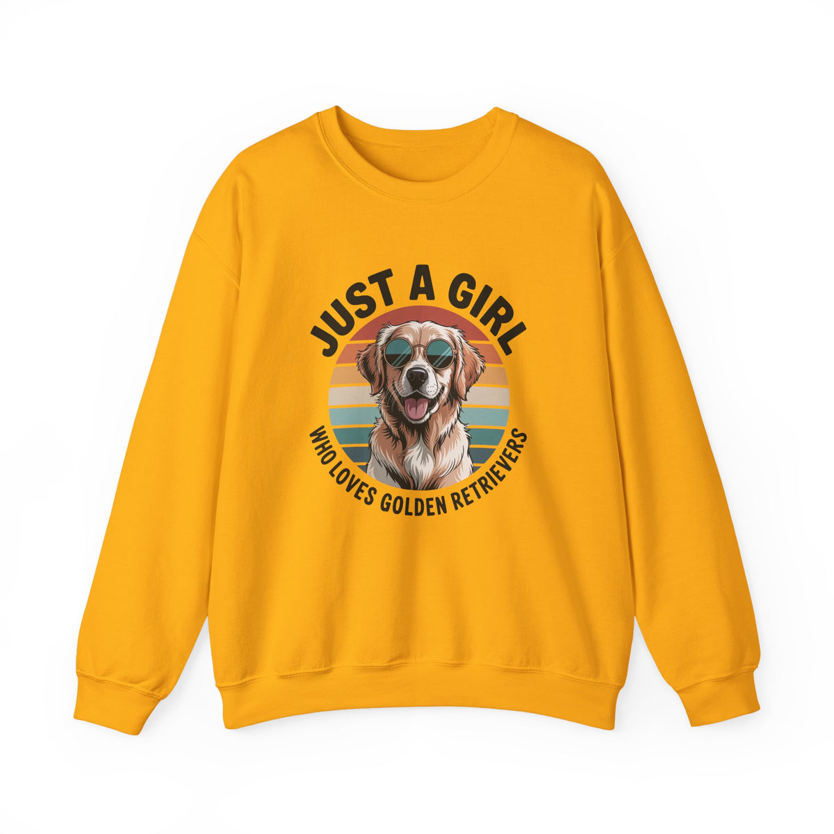 Gold golden retriever sweatshirt with retro sunset print and dog in sunglasses