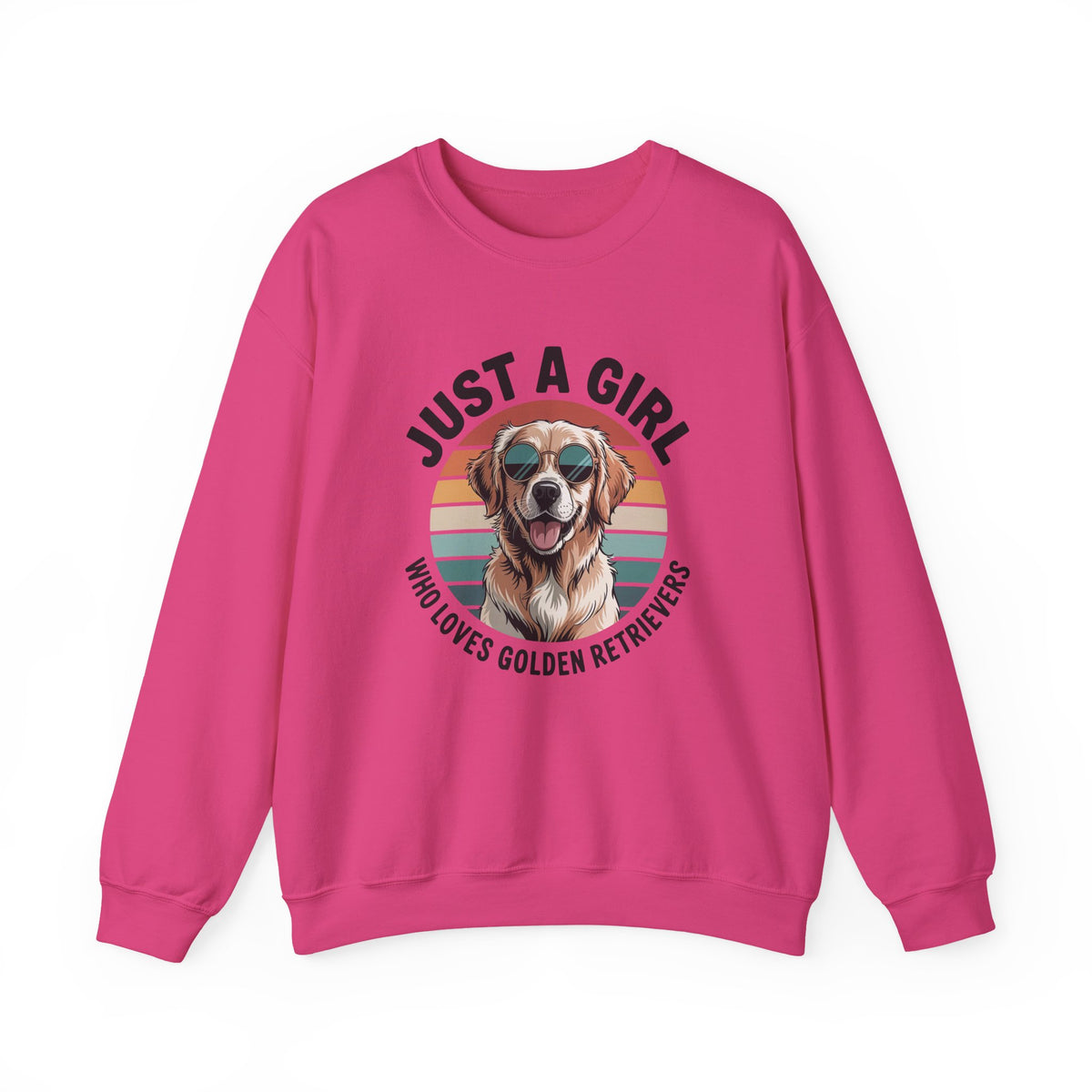 Heliconia pink golden retriever sweatshirt with retro sunset print and dog in sunglasses