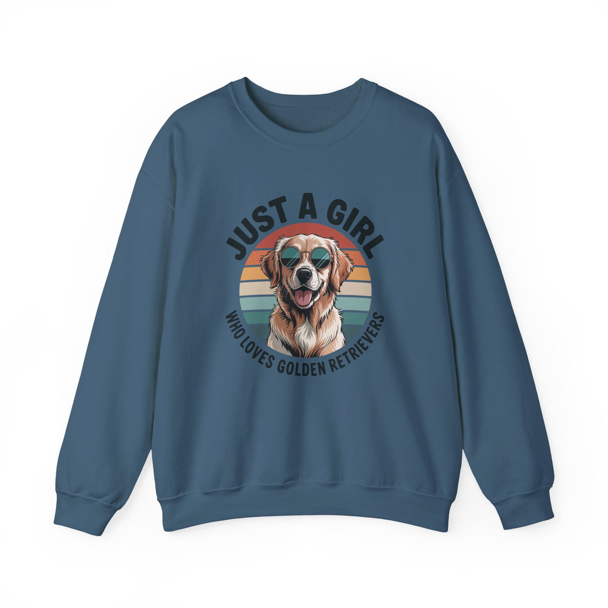Indigo blue golden retriever sweatshirt with retro sunset print and dog in sunglasses