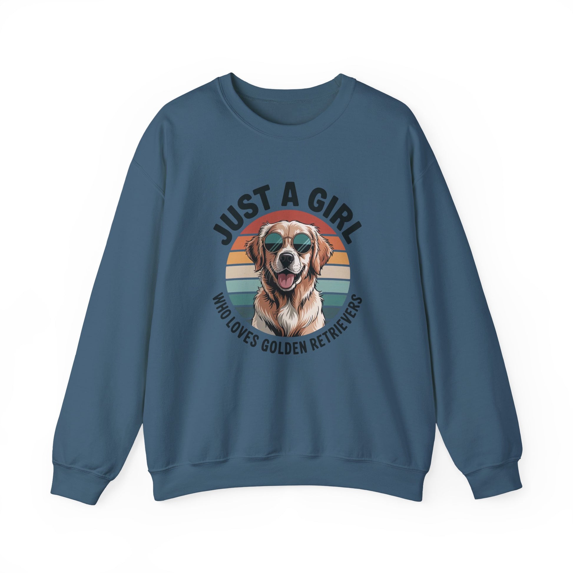 Indigo blue golden retriever sweatshirt with retro sunset print and dog in sunglasses