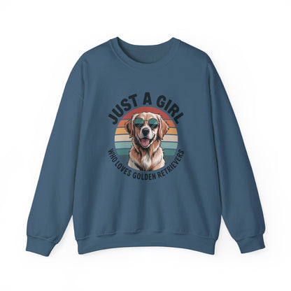 Indigo blue golden retriever sweatshirt with retro sunset print and dog in sunglasses