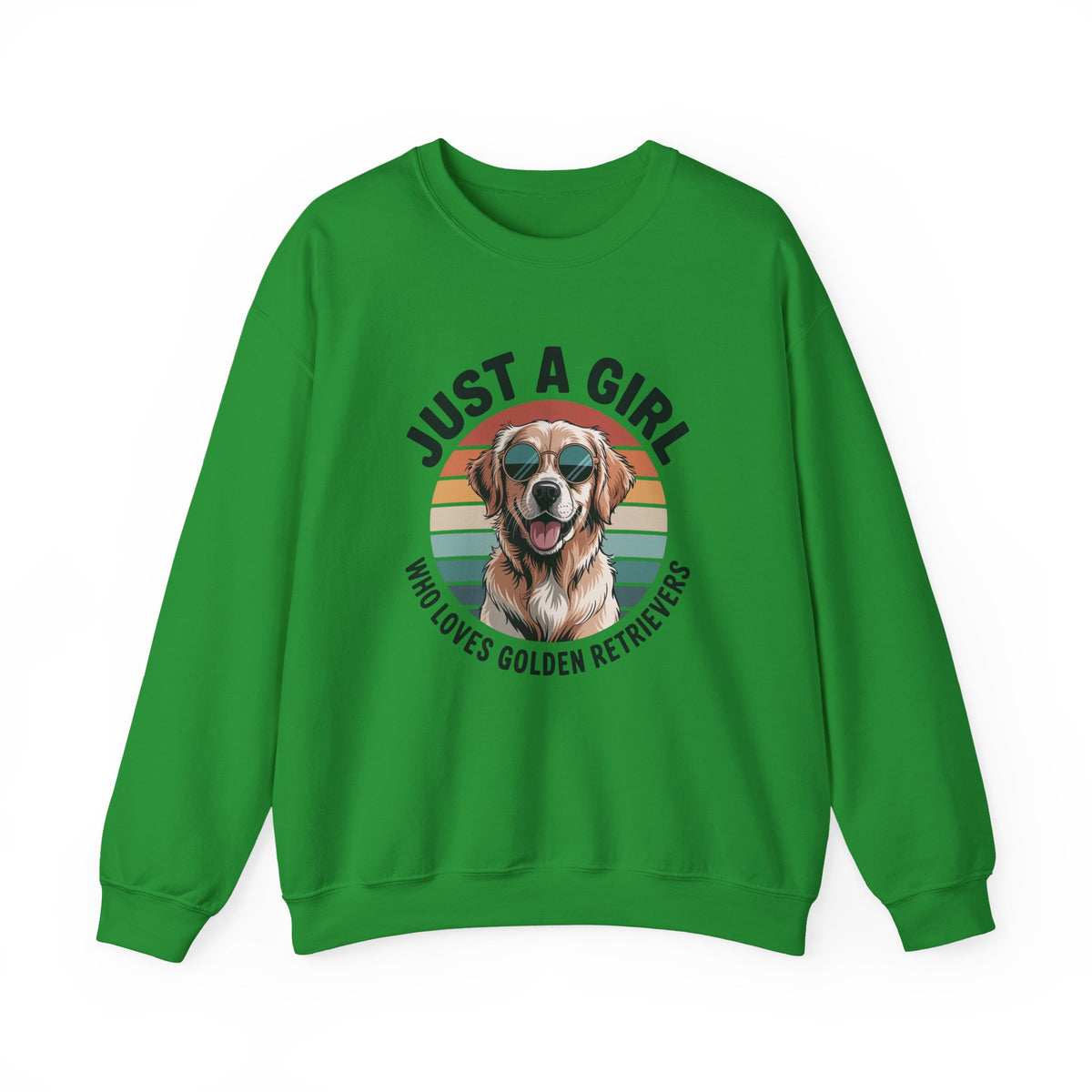 Irish green golden retriever sweatshirt with retro sunset print and dog in sunglasses