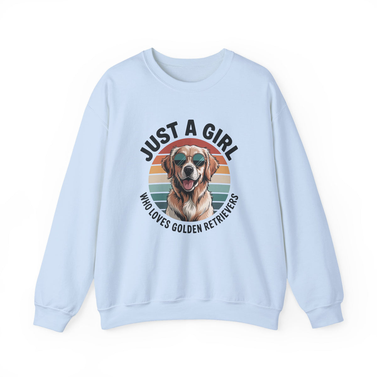 Light blue golden retriever sweatshirt with retro sunset print and dog in sunglasses