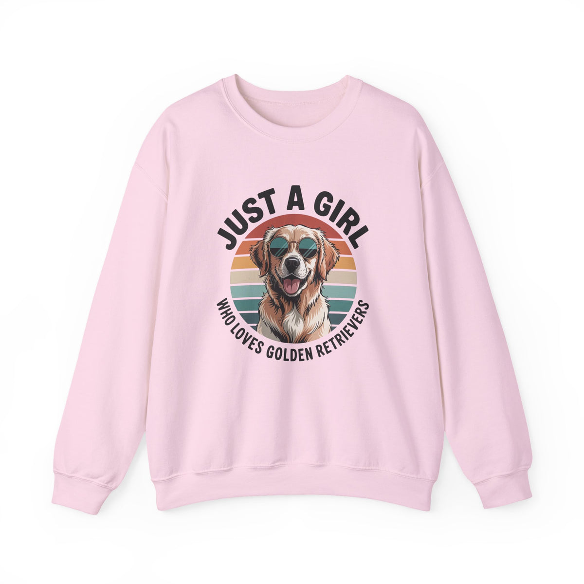 Light pink golden retriever sweatshirt with retro sunset print and dog in sunglasses