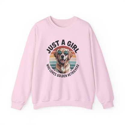 Light pink golden retriever sweatshirt with retro sunset print and dog in sunglasses