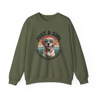 Military green golden retriever sweatshirt with retro sunset print and dog in sunglasses