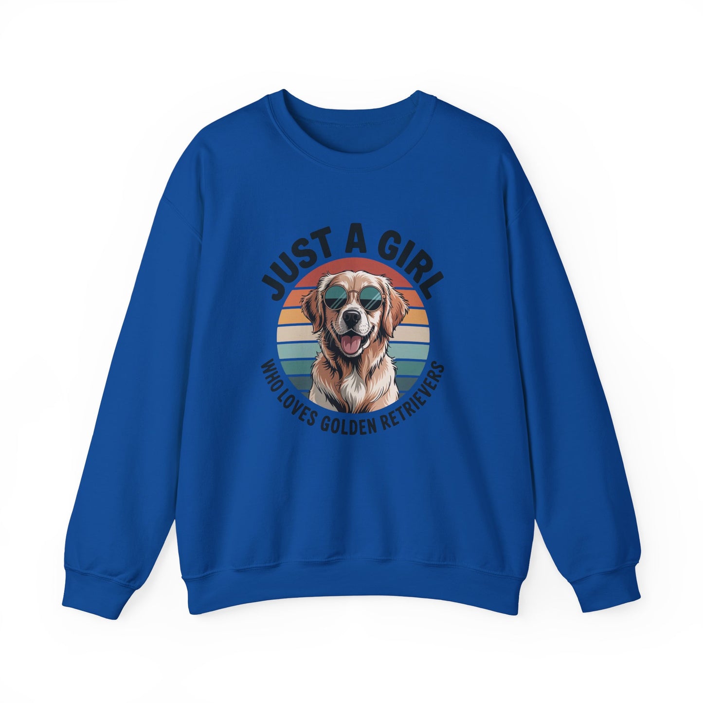 Royal blue golden retriever sweatshirt with retro sunset print and dog in sunglasses