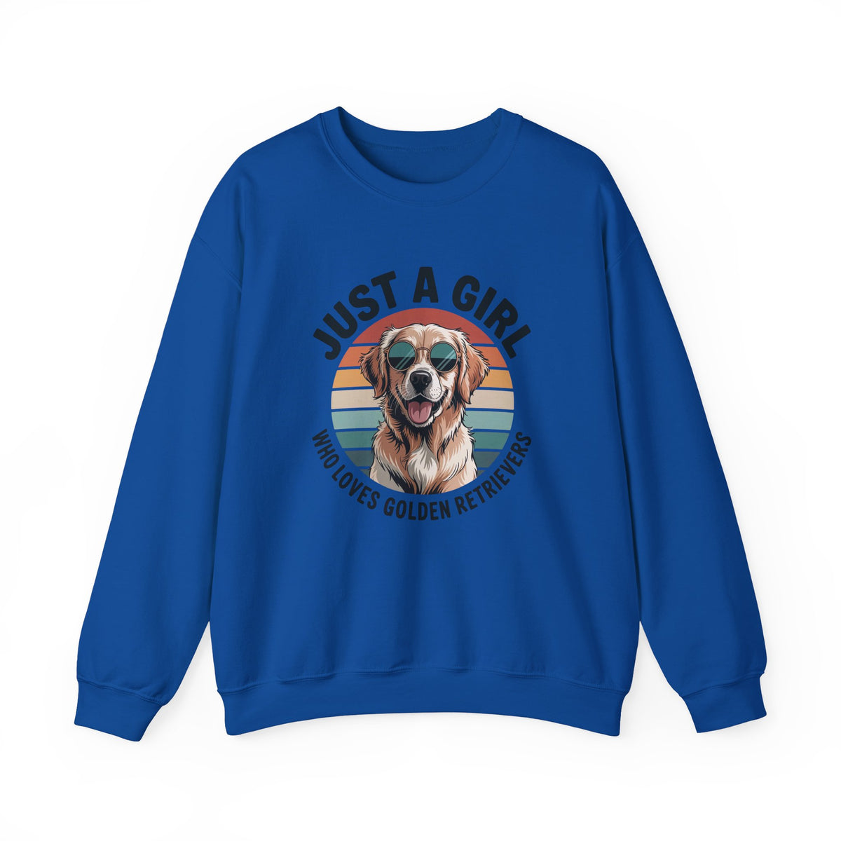 Royal blue golden retriever sweatshirt with retro sunset print and dog in sunglasses