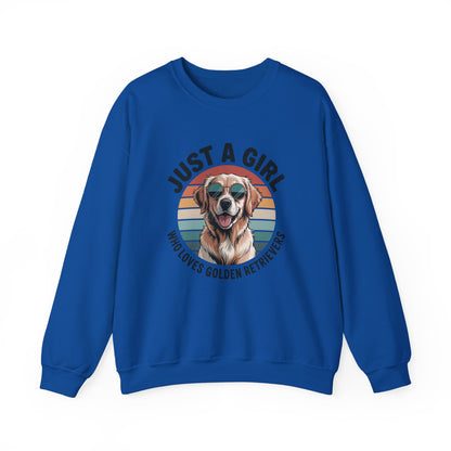 Royal blue golden retriever sweatshirt with retro sunset print and dog in sunglasses