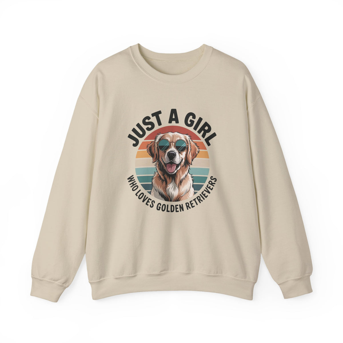 Sand golden retriever sweatshirt with retro sunset print and dog in sunglasses