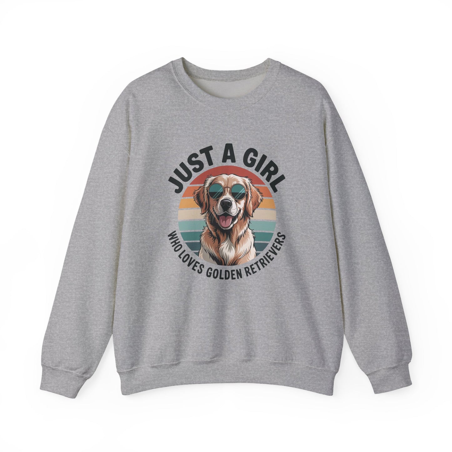 Sport grey golden retriever sweatshirt with retro sunset print and dog in sunglasses