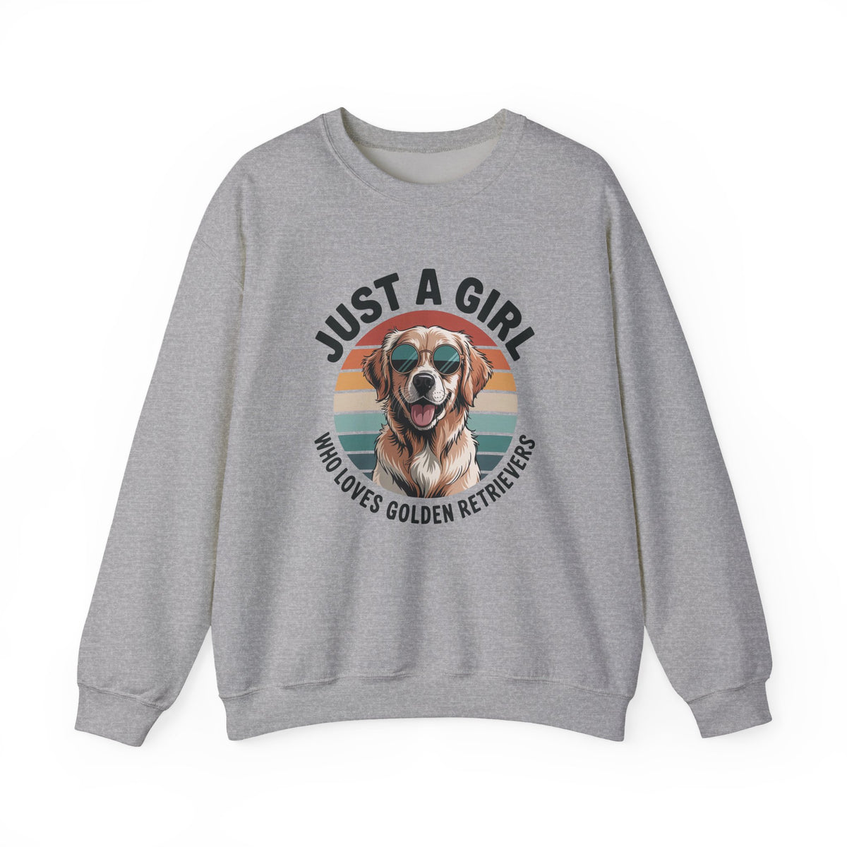 Sport grey golden retriever sweatshirt with retro sunset print and dog in sunglasses