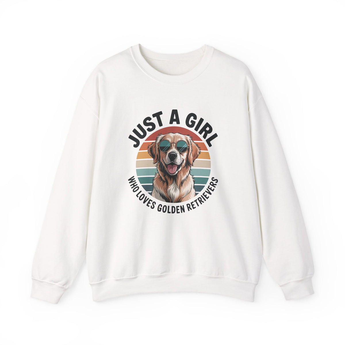 White golden retriever sweatshirt with retro sunset print and just a girl who loves golden retrievers text