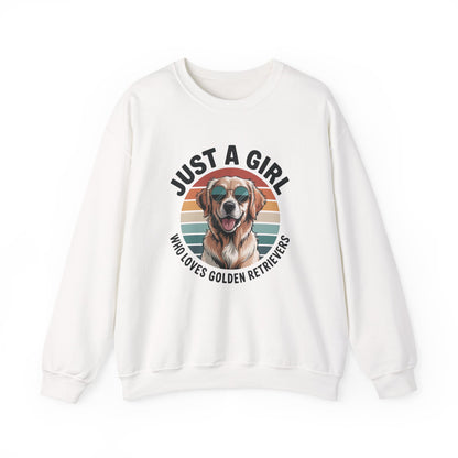 White golden retriever sweatshirt with retro sunset print and just a girl who loves golden retrievers text