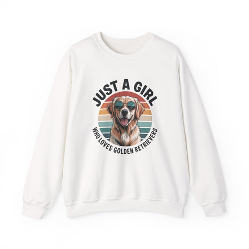 White golden retriever sweatshirt with retro sunset print and just a girl who loves golden retrievers text