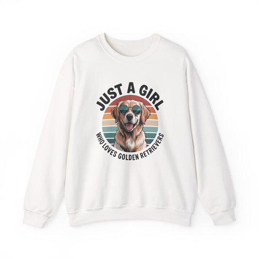 White golden retriever sweatshirt with retro sunset print and just a girl who loves golden retrievers text