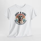 Just a Girl Who Loves Golden Retrievers retro sunset t-shirt, flat lay