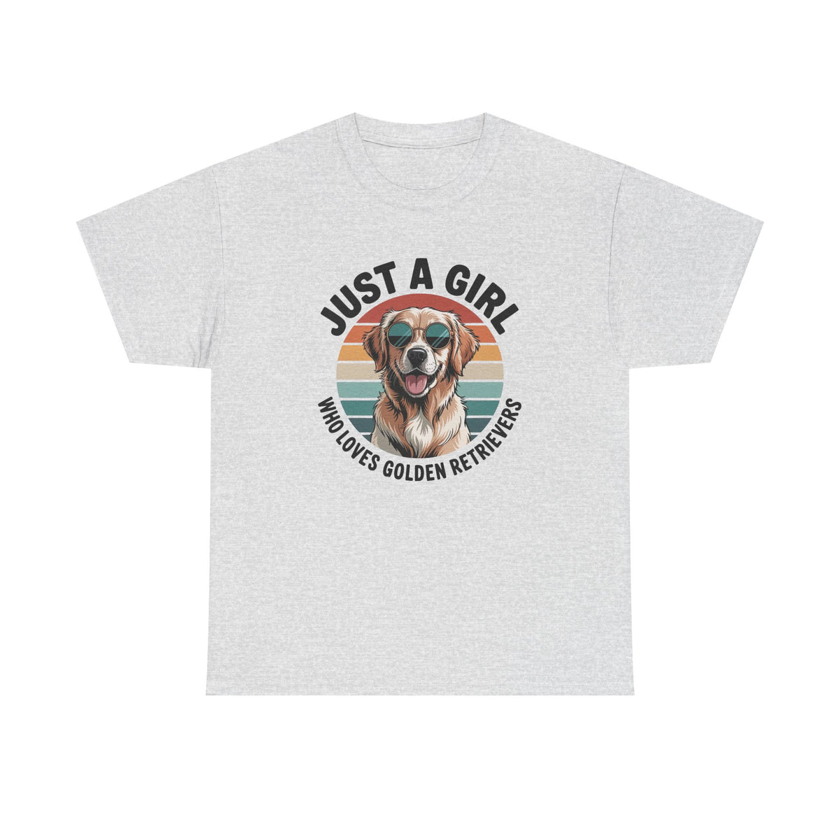 Ash grey golden retriever t-shirt with retro sunset print and dog in sunglasses