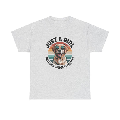 Ash grey golden retriever t-shirt with retro sunset print and dog in sunglasses