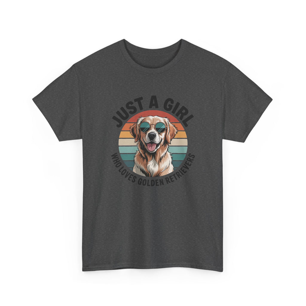 Dark Heather Just a Girl Who Loves Golden Retrievers retro sunset t-shirt, front view