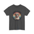 Dark Heather Just a Girl Who Loves Golden Retrievers retro sunset t-shirt, front view