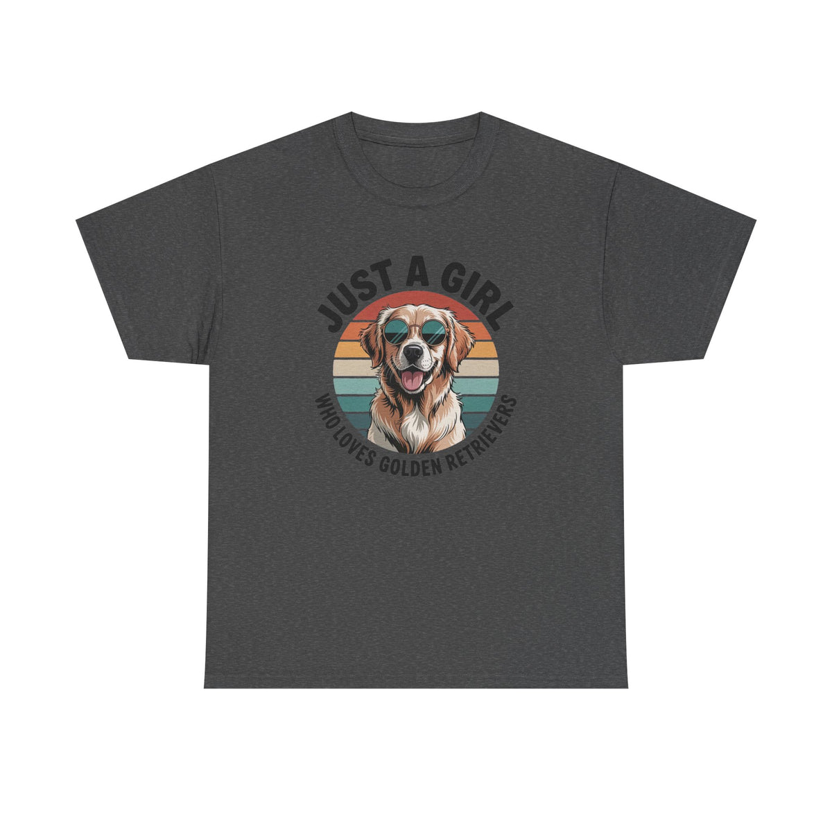 Dark heather golden retriever t-shirt with retro sunset print and dog in sunglasses