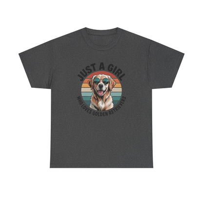 Dark heather golden retriever t-shirt with retro sunset print and dog in sunglasses