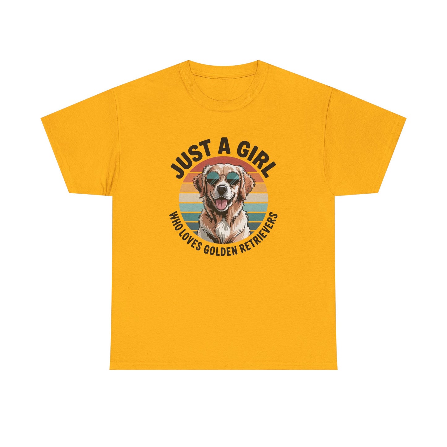 Gold golden retriever t-shirt with retro sunset print and dog in sunglasses