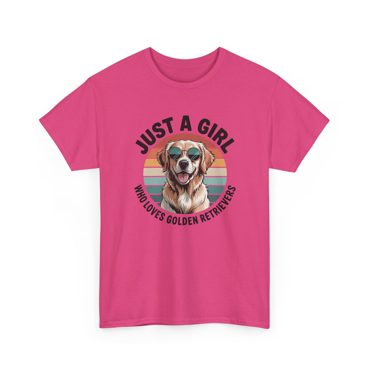 Heliconia Just a Girl Who Loves Golden Retrievers retro sunset t-shirt, front view