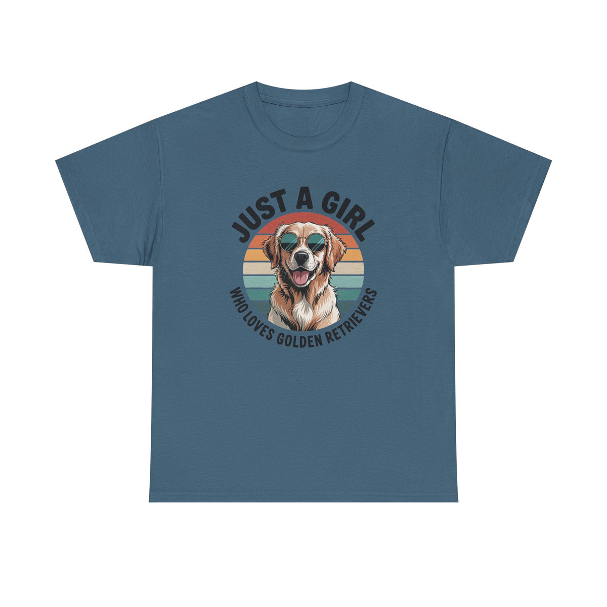 Indigo blue golden retriever t-shirt with retro sunset print and dog in sunglasses