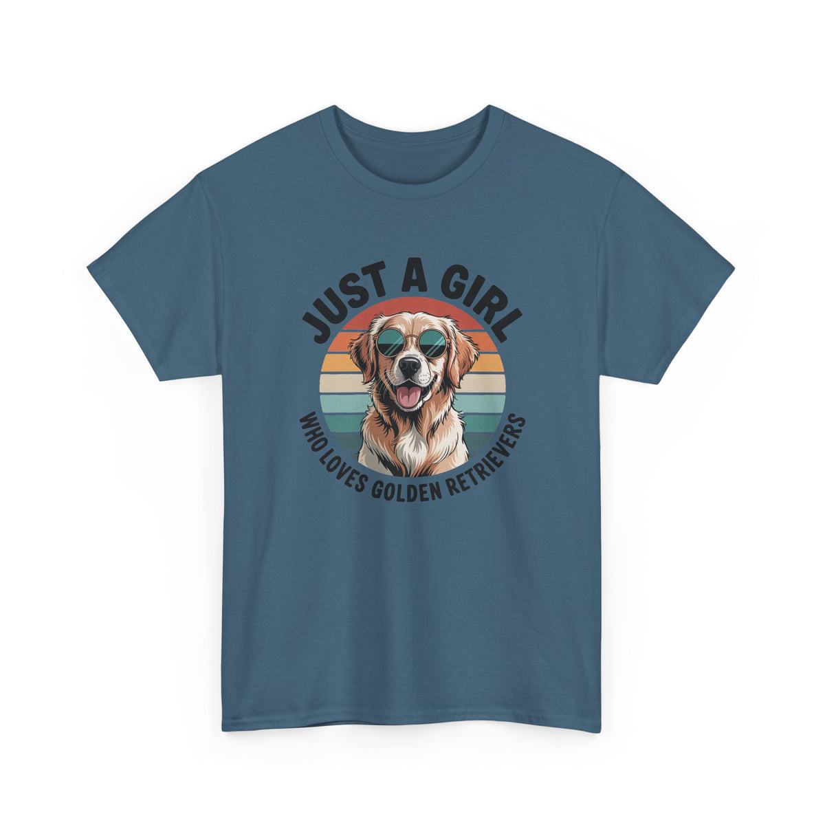 Indigo Blue Just a Girl Who Loves Golden Retrievers retro sunset t-shirt, front view