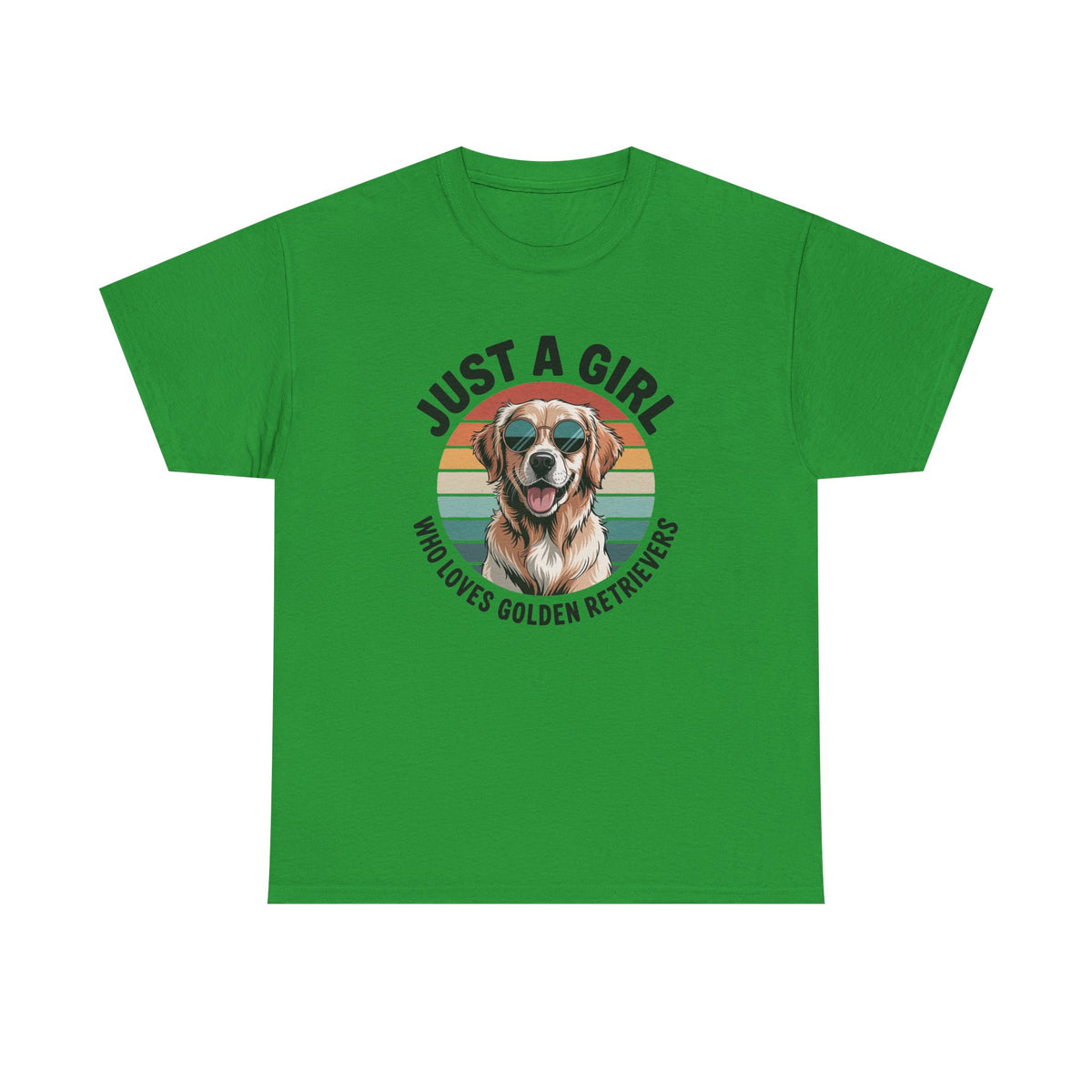Irish green golden retriever t-shirt with retro sunset print and dog in sunglasses