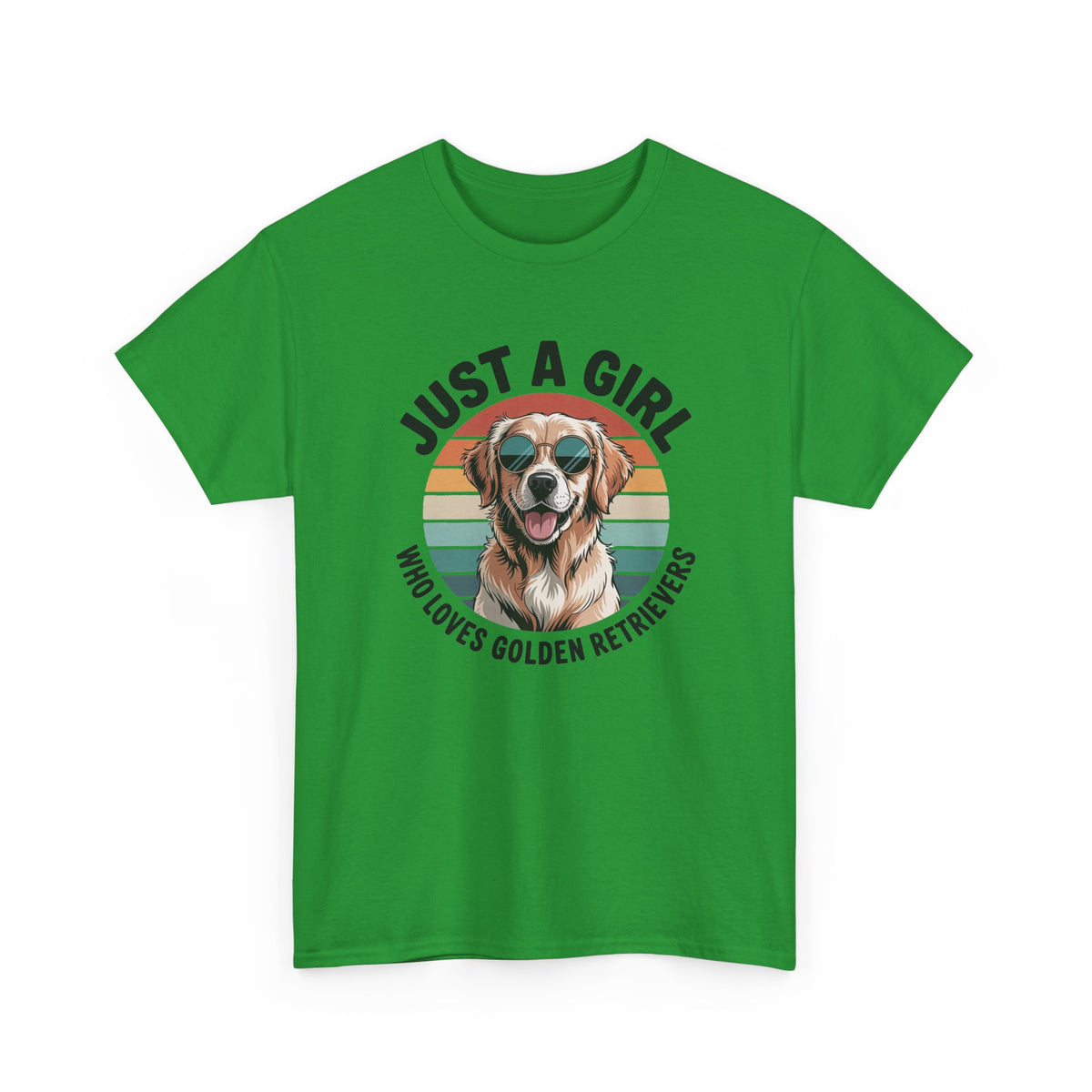 Irish Green Just a Girl Who Loves Golden Retrievers retro sunset t-shirt, front view