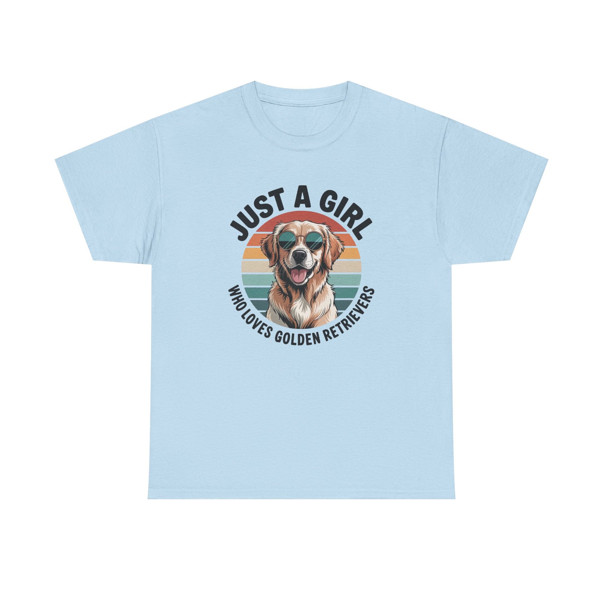 Light blue golden retriever t-shirt with retro sunset print and dog in sunglasses